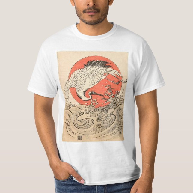 Camiseta Isoda Koryusai - grúa, ondas y sol naciente (Anverso)