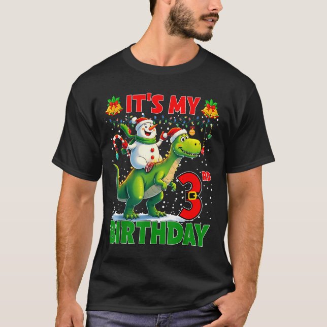 Camiseta It’s My 3rd Birthday Xmas Snowman Riding Dinosaur  (Anverso)