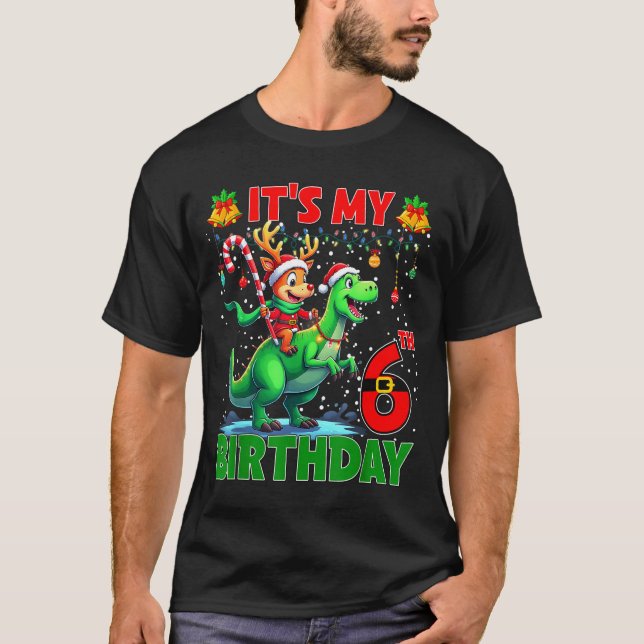 Camiseta It’s My 6th Birthday Xmas Reindeer Riding Dinosaur (Anverso)