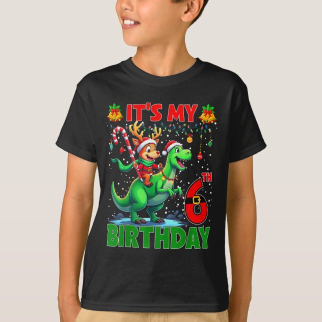 Camiseta It’s My 6th Birthday Xmas Reindeer Riding Dinosaur (Anverso)