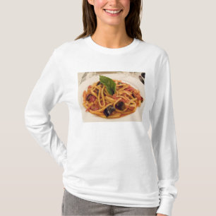 Camiseta Italia, Positano. Plato de pasta y berenjena.
