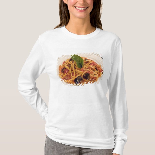 Camiseta Italia, Positano. Platos de pasta y berenjena. (Anverso)