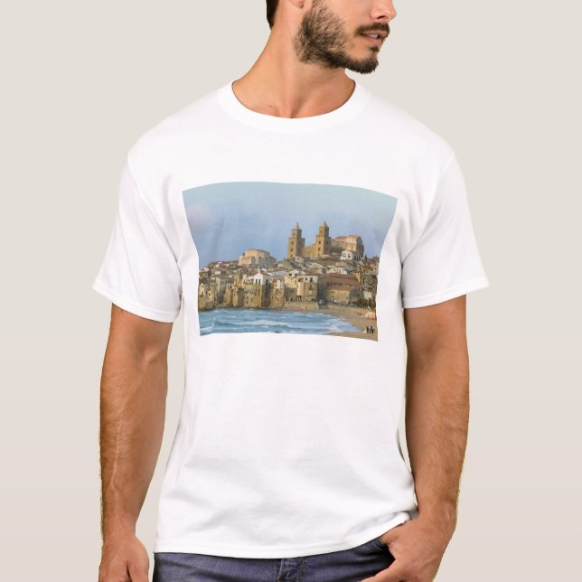 Camiseta Italia, Sicilia, Cefalu, Vista con el Duomo desde  (Anverso)