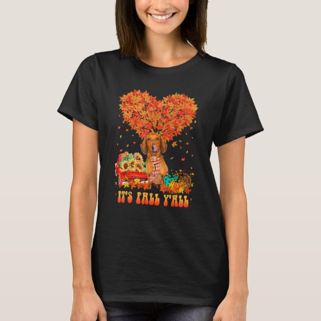 Camiseta It's Fall Y'all Dachshund Dog Pumpkin Autumn Tree  (Anverso)