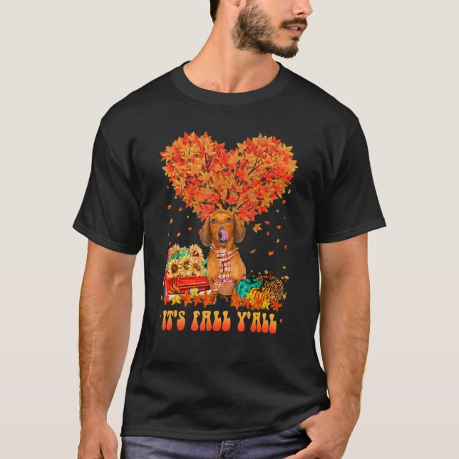 Camiseta It's Fall Y'all Dachshund Dog Pumpkin Autumn Tree  (Anverso)