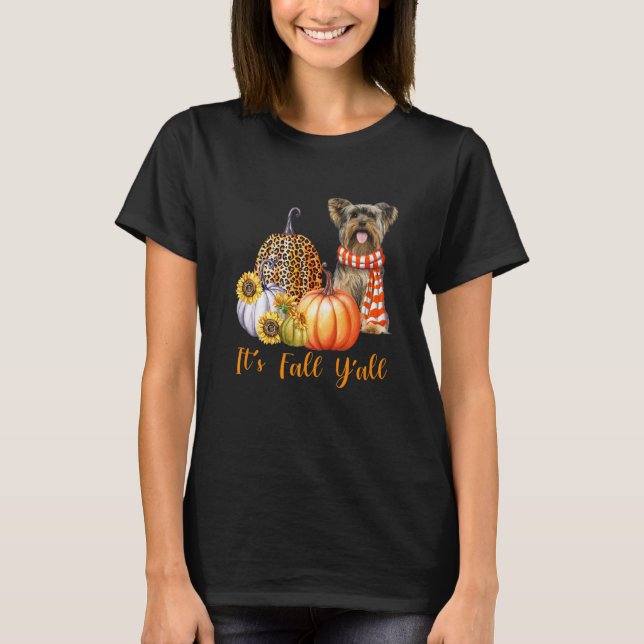 Camiseta It's Fall Y'all Yorkie Dog Leopard Pumpkin Fall (Anverso)
