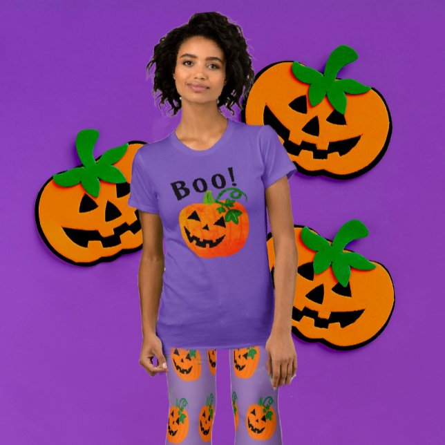 Camiseta Jack O Lantern Boo personalizado naranja negro (If you love purple, this fun Halloween Jack-o'-lantern tee shirt is for you! Also matching tights!)