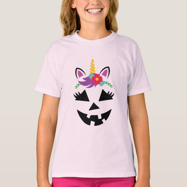 Camiseta Jack o Lantern Chica de unicornio se enfrenta a Ha (Anverso)