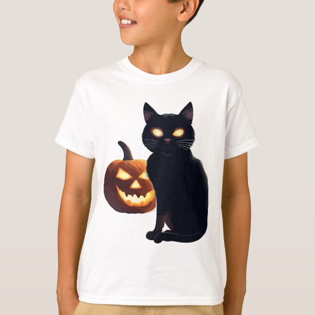 Camiseta Jack-o-lantern y gato negro para Halloween (Anverso)