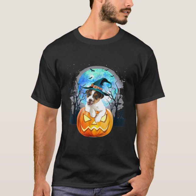Camiseta Jack Russell Dog Witch Gorra Halloween Pumpkin Gif (Anverso)