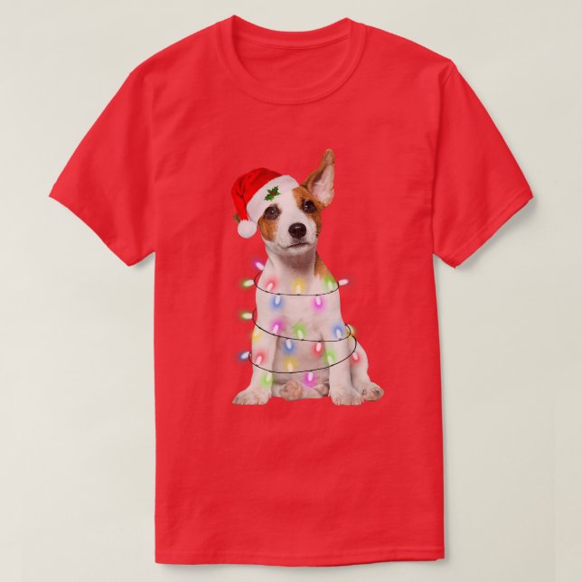 Camiseta Jack Russell perro Santa Christmas Tree Lights Xma (Diseño del anverso)