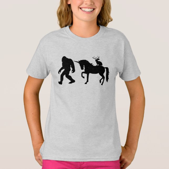 Camiseta Jackalope, Bigfoot y Unicorn (Anverso)