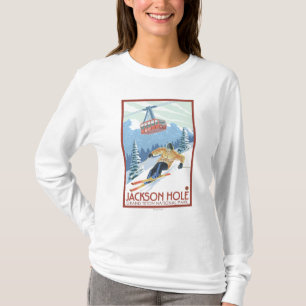 Camiseta Jackson Hole, esquiador de Wyoming y tranvía