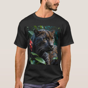 Camiseta Jaguar melenítico en las flores rojas de la jungla