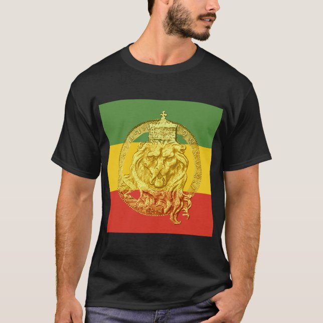 Camiseta Jah Rastafari León de Judá Rey Dorado (Anverso)