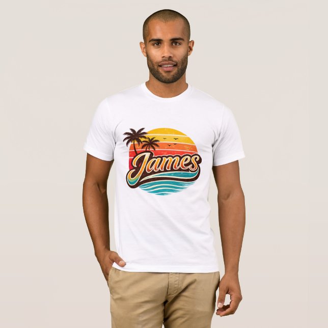 Camiseta James Retro Sunset Tropical Name Design (Anverso completo)