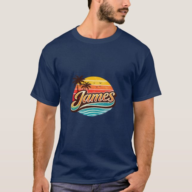 Camiseta James Retro Sunset Tropical Name Design (Anverso)