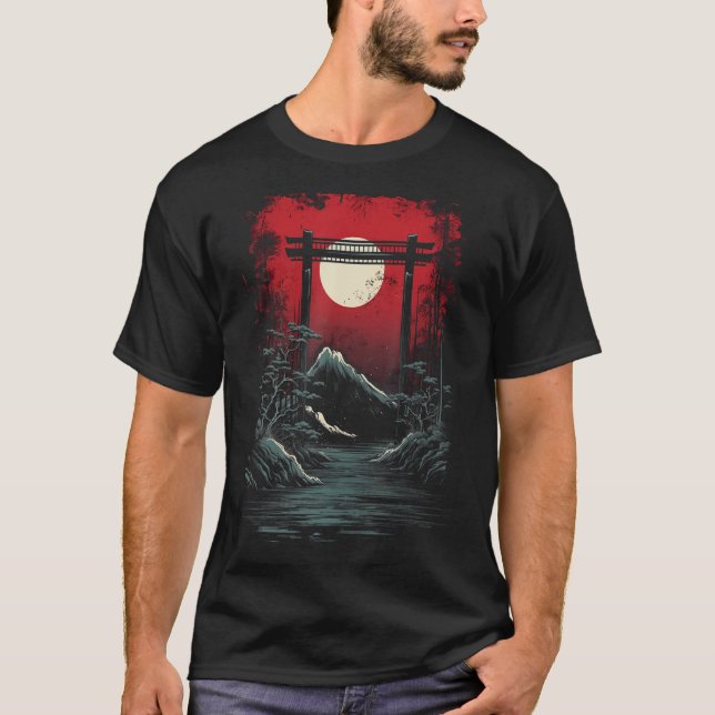 Camiseta Japan Mountain Fuji Art Red Moon Gráfico panorámic (Anverso)