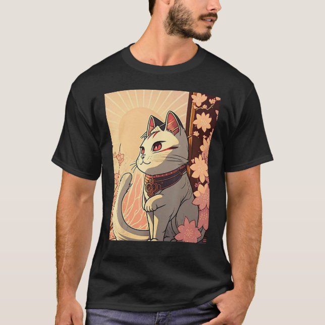 Camiseta Japanese Aesthetic Cute cat japan Sakura Cherry Bl (Anverso)