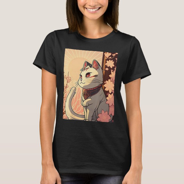 Camiseta Japanese Aesthetic Cute cat japan Sakura Cherry Bl (Anverso)