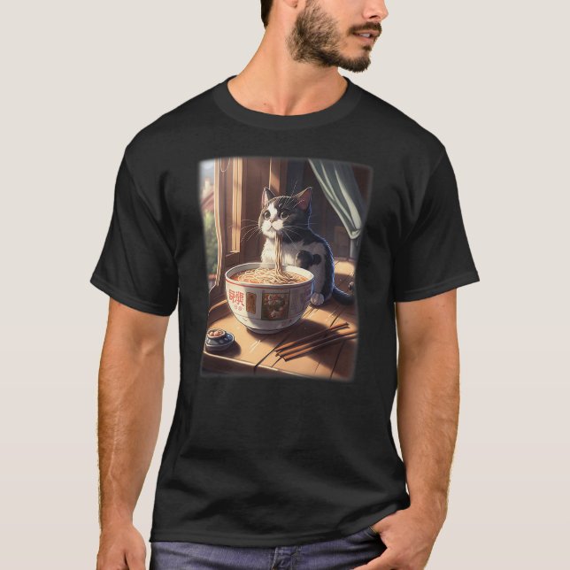 Camiseta Japanese anime kawaii cat eating tonkotsu ramen (Anverso)