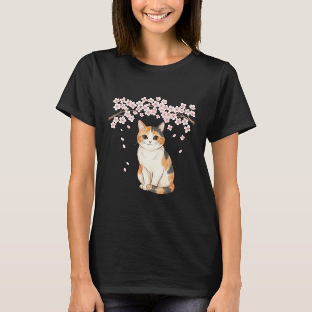 Camiseta Japanese Art Calico Cat & Cherry Blossoms T-Shirt (Anverso)