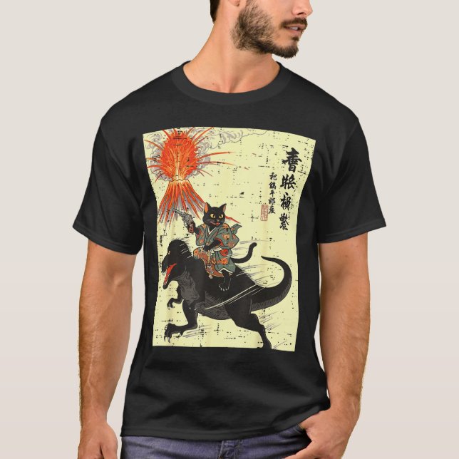 Camiseta Japanese Black Cat On Trex Funny Ukiyo-e Boys Kids (Anverso)
