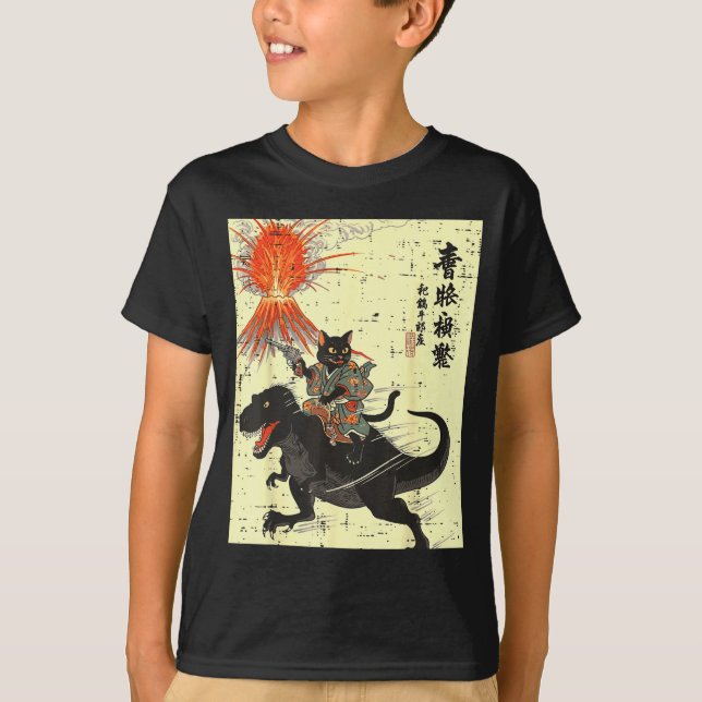 Camiseta Japanese Black Cat On Trex Funny Ukiyo-e Boys Kids (Anverso)