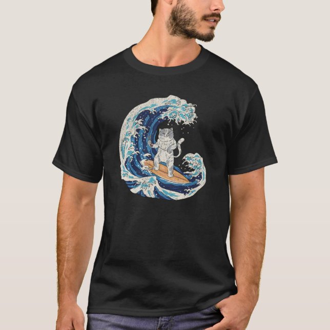 Camiseta Japanese Cat Surfing a Wave Beach Ocean Sea Cool R (Anverso)