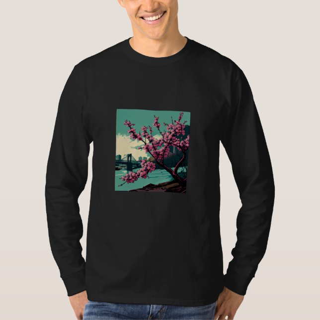 Camiseta Japanese Cherry Blossom tree river suspension brid (Anverso)