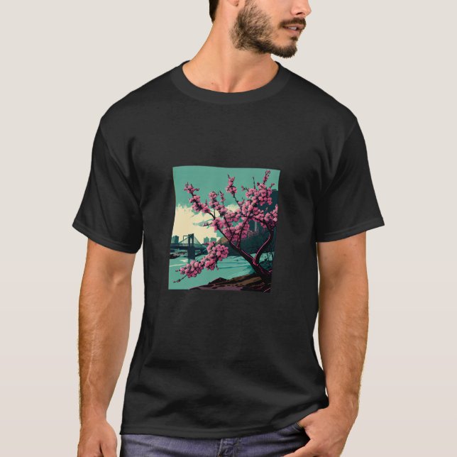 Camiseta Japanese Cherry Blossom tree river suspension brid (Anverso)