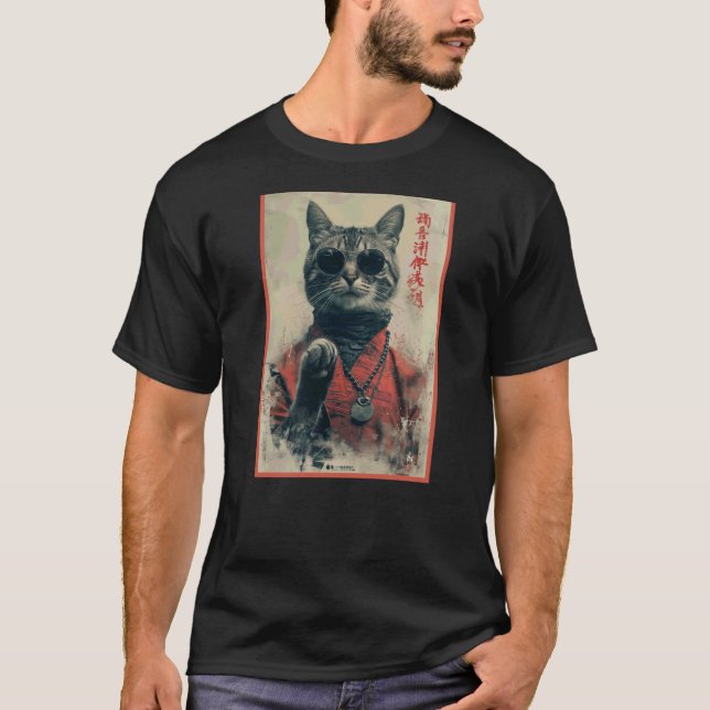 Camiseta Japanese Cool Cat in Sunglasses with Chinese Kanji (Anverso)