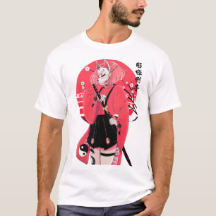 Camiseta Japanese Fox Mask Girl Urban Vaporwave Style 