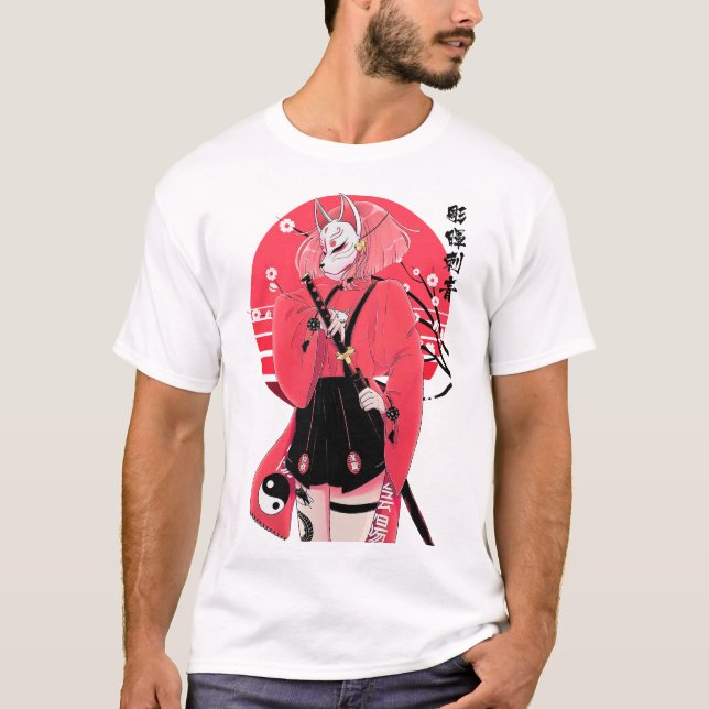 Camiseta Japanese Fox Mask Girl Urban Vaporwave Style  (Anverso)