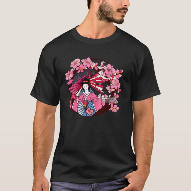 Camiseta Japanese Geisha fans and umbrellas cherry blossom  (Anverso)