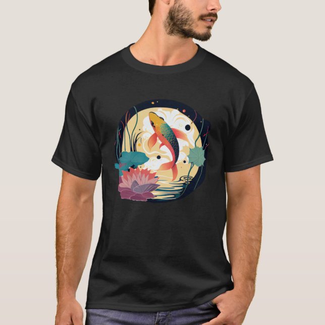 Camiseta Japanese Koi fish jumping out of pond lotus lilly  (Anverso)