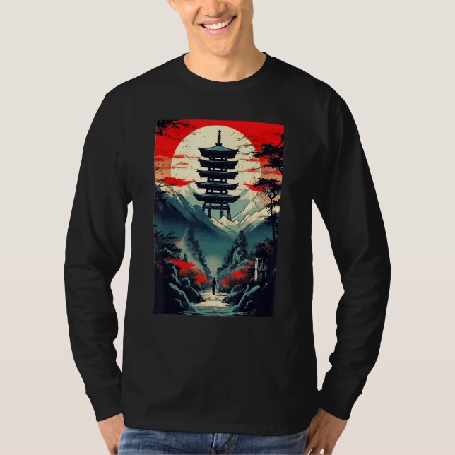 Camiseta Japanese Landscape Mountains Valley Tower Sunset (Anverso)
