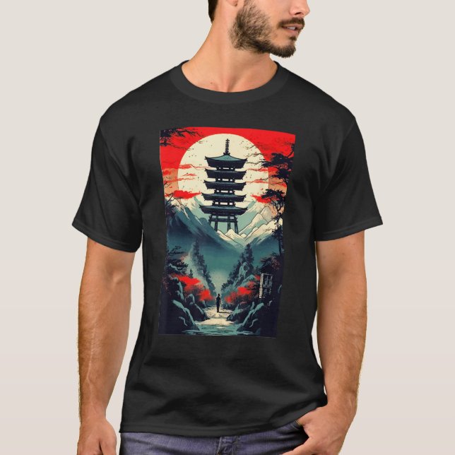 Camiseta Japanese Landscape Mountains Valley Tower Sunset (Anverso)