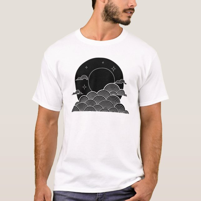 Camiseta Japanese Moon Wave Minimalist Black White T-Shirt (Anverso)