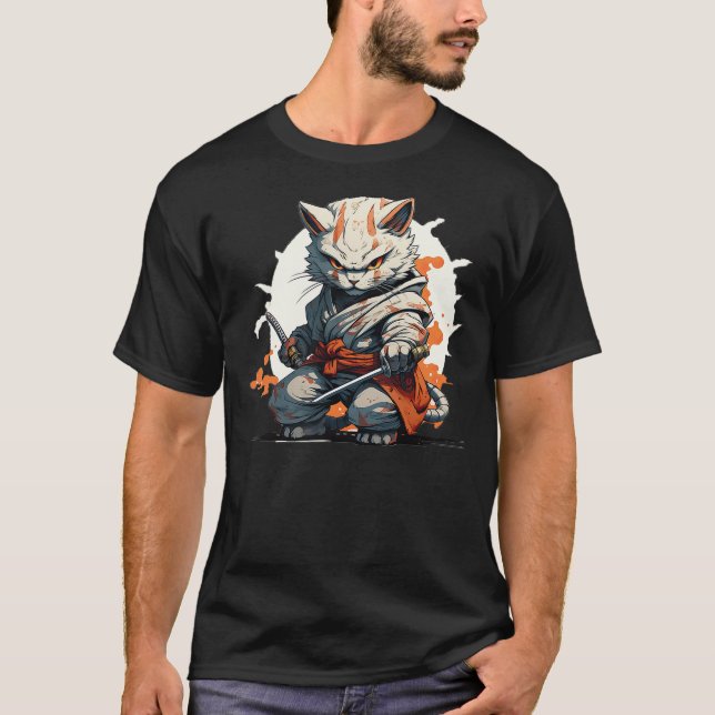 Camiseta Japanese Ninja Cat Warrior Battle Pose Kawaii (Anverso)