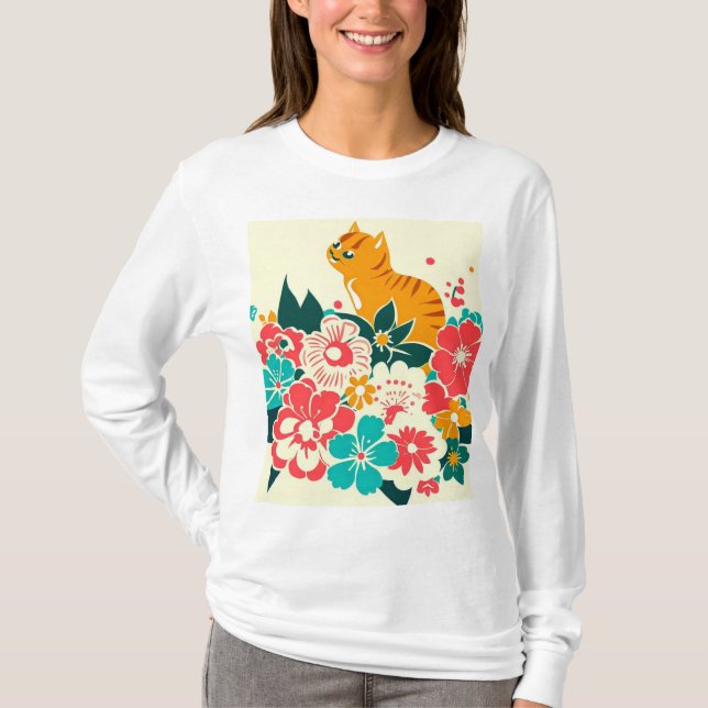 Camiseta Japanese old scool cat and flowers (Anverso)