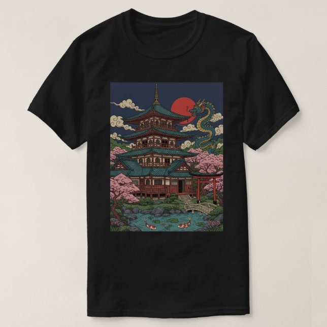 Camiseta Japanese Pagoda Dragon Sunset (Diseño del anverso)