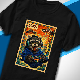 Camiseta Japanese Retro Vintage UFO Raccoon Funny Gamer