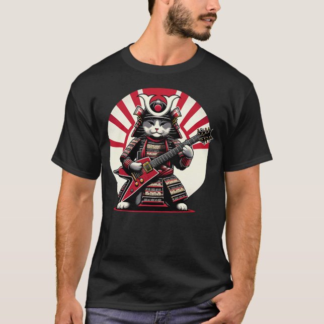 Camiseta Japanese Samurai Cat Playing Electric Guitar Playe (Anverso)
