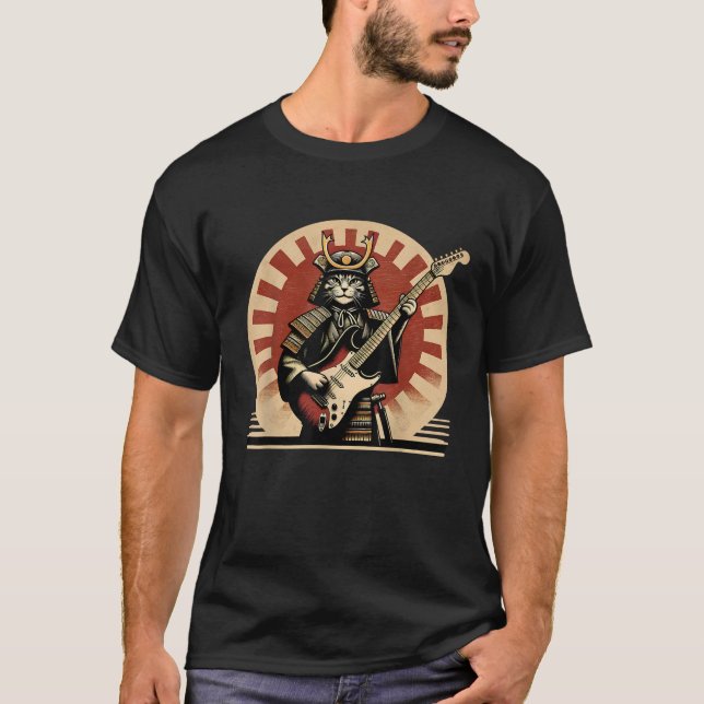 Camiseta Japanese Samurai Cat Playing Electric Guitar Retro (Anverso)