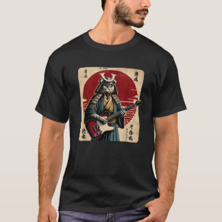 Camiseta Japanese Samurai Cat Playing Electric Guitar Retro