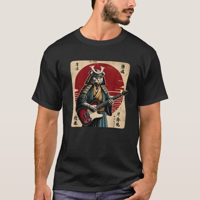 Camiseta Japanese Samurai Cat Playing Electric Guitar Retro (Anverso)
