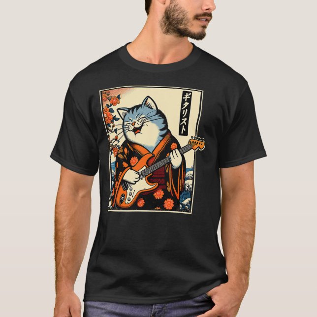 Camiseta Japanese Samurai Cat Playing The Electric Guitar (Anverso)