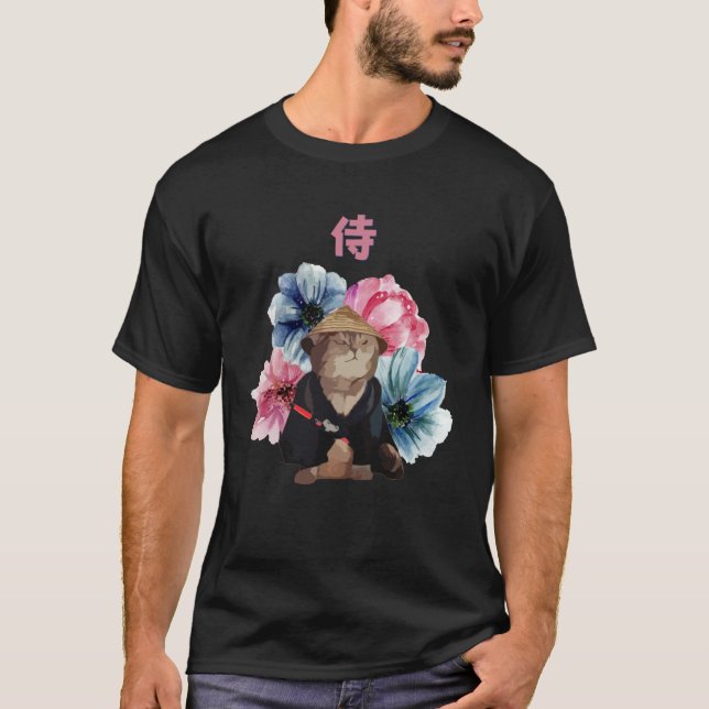 Camiseta Japanese Samurai Cat Watercolor Flowers (Anverso)
