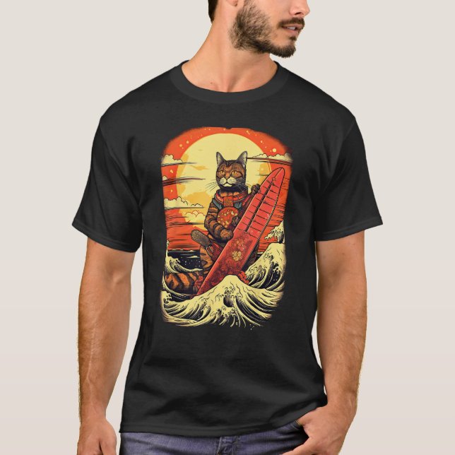Camiseta Japanese Samurai Cat with wave & mountain Illustra (Anverso)